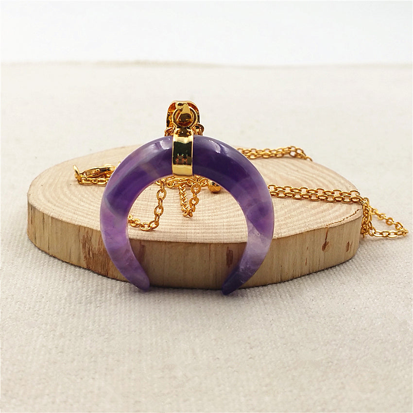 WT-N851 All-match Amethyst Horn Necklace ,Women Stone Horn Necklace & Pendant Purple Amethyst with Gold Chain Horn Necklace