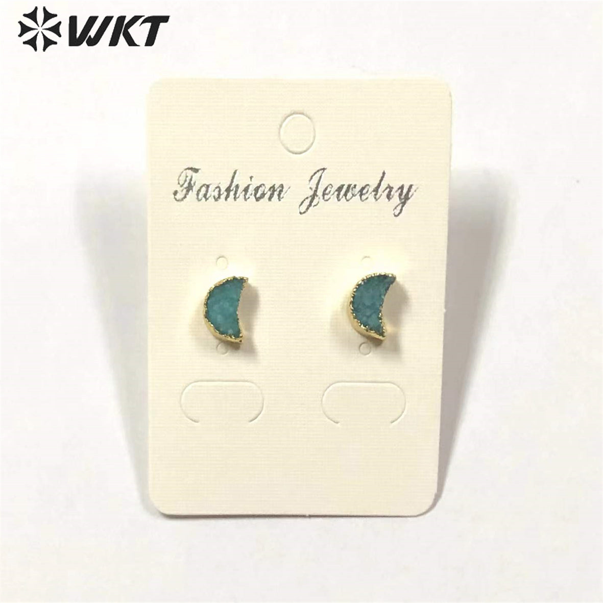 WT-E282 Design Lovely Natural Druzy Quartz Crescent Earring Colorful Tiny Moon Quartz Stud Earring With 24k Gold Electroplated