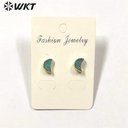 WT-E282 Design Lovely Natural Druzy Quartz Crescent Earring Colorful Tiny Moon Quartz Stud Earring With 24k Gold Electroplated