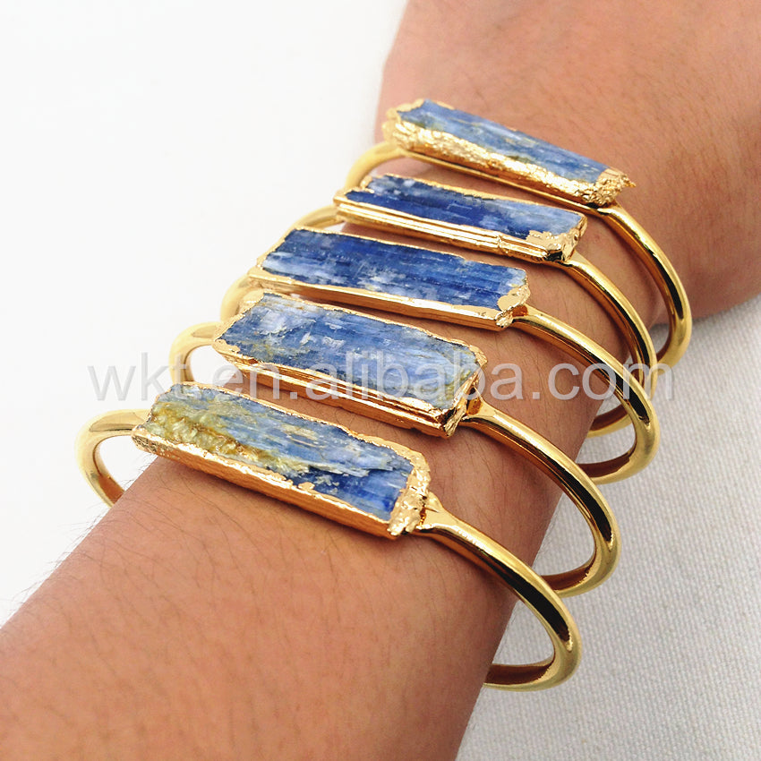 WT-B243 Beautiful Rough Blue Kyanite 24k Gold Plated Cuff Bangle, Natural Blue Kyanite Stone Cuff Bangle