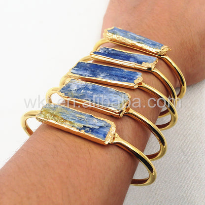 WT-B243 Beautiful Rough Blue Kyanite 24k Gold Plated Cuff Bangle, Natural Blue Kyanite Stone Cuff Bangle