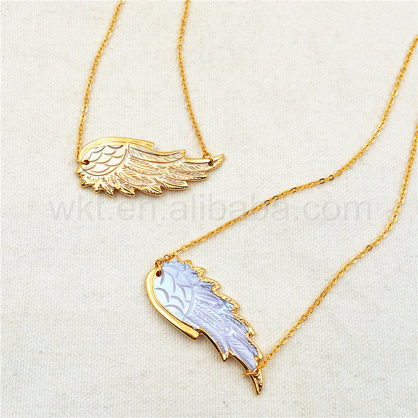 WT-N785 New Wholesale Genuine Shell Carved Feather Necklace, Fashion Gold Plated Double Loops Shell Feather Necklace