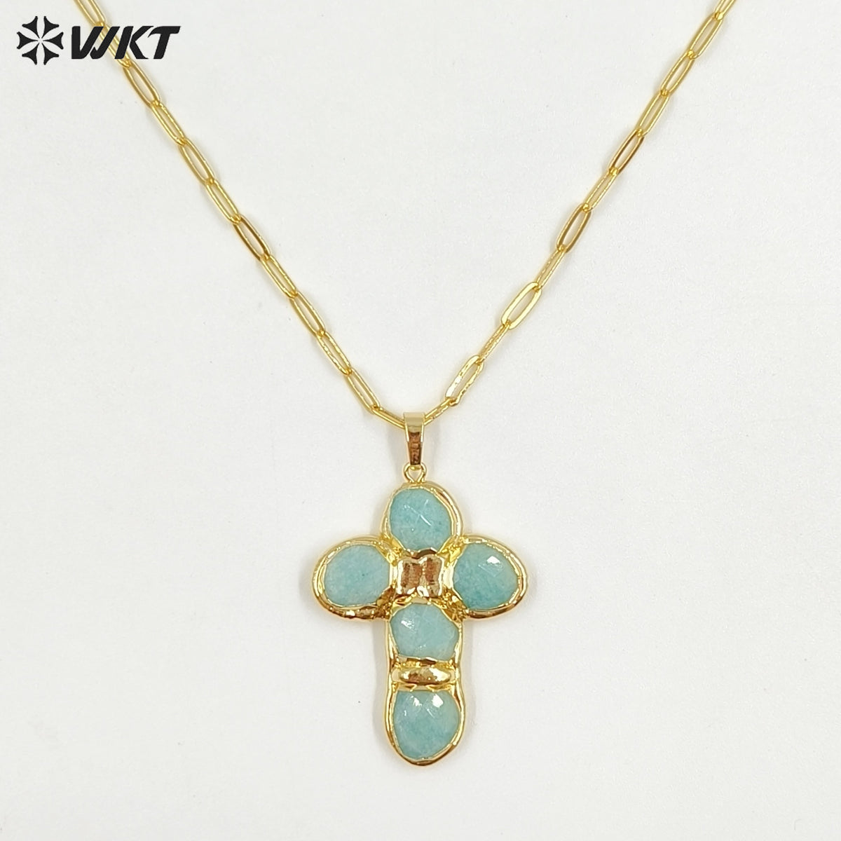 WT-N1543 Factory Wholesale High Quality 18K Gold Plated Natural Gemstone Cross Shape Pendant Necklaces As Women Trendy Jewelry