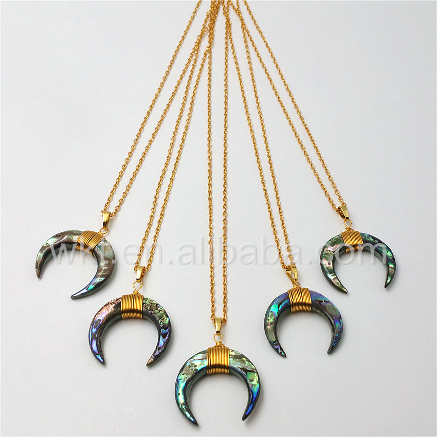 WT-N810 Wholesale Handmade Wire Wrapped Charm Abalone Shell Necklace Natural Crescent Abalone Shell Pendant Necklace