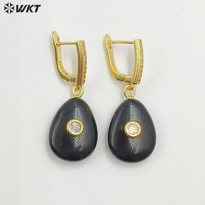 WT-E798 Beautiful Classic Gold Plated Natural Gemstones Setting In Zircon Waterdrop Shape Earrings As Lady Daily Decoration