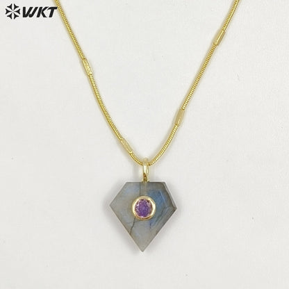 WT-N1508 Wonderful 18K Gold Plated Zircon Labradorite Natural Gemstone Diamond Shape Pendant Necklace As Women Fashion Accessory