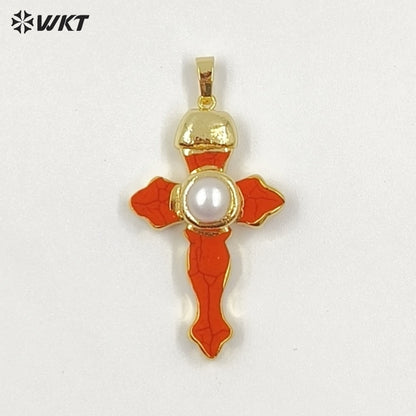 WT-P2092 New Arrival Gold Plated Multi Colors Natural Turquoise Stone And Pearl Cross Charm Pendants As Lady Jewelry Accessory