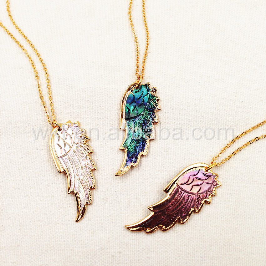 WT-N748 Exclusive Natural Abalone Feather Necklace, Fashion Handmade Carved Shell Feather Necklace