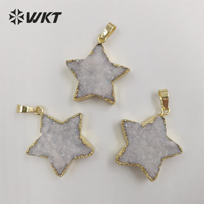 WT-P1828 Wholesale Fashion Gold Trim Natural Druzy Quartrz Stone Star Pendant with Aura Brightly Crystal Quartz Aura Star Stone