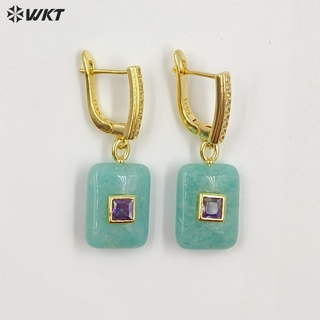WT-E796 Top Quality Gold Plated Natural Multi Colors Gemstones With Zircon Rectangle Pendant Earrings For Lady Daily Wearing
