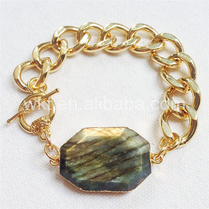WT-B247 Wholesale High Quality Sparkly Labradorite Stone Bracelet in 24k Real Gold Plated