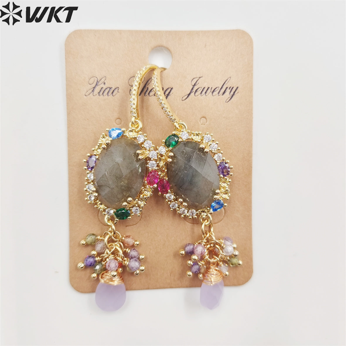 WT-E705 Charming Lady Colorful Handmade Dangling Hoops with Natural Gemstone Cubic Zircon Decorative Stone Earrings