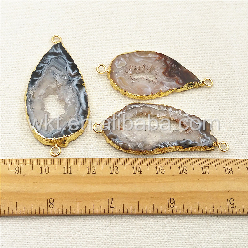 WT-C174 Unique Natural Druzy Geode Agate Connector,High Quality 24k Real Gold Plated Edge Randomly Agate Connector for Necklace