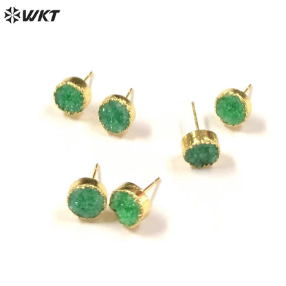 WT-E155 Wholesale Fashion 18k Real Gold Plated Natural Stone Studs Earrings Fashion Women Gold Trim Round Druzy Quartz Studs