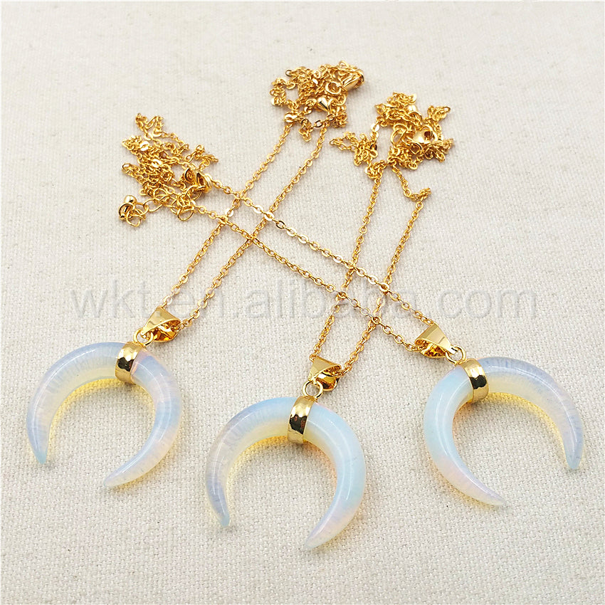 WT-N850 Wholesale Charm Opal Horn Necklace & Pendant,18" Gold Chain Horn Necklace Natural Opal Stone Design Horn Necklace