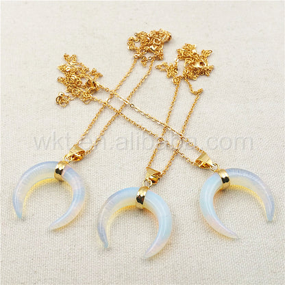WT-N850 Wholesale Charm Opal Horn Necklace & Pendant,18" Gold Chain Horn Necklace Natural Opal Stone Design Horn Necklace