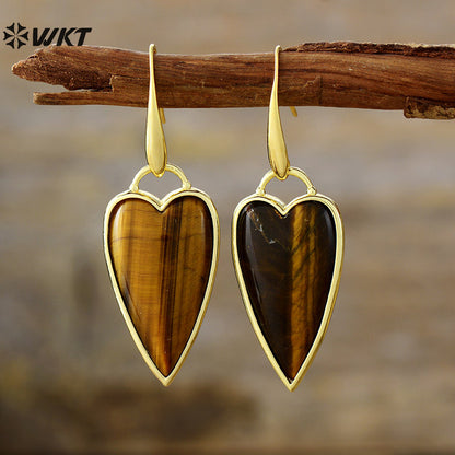 WT-E784 Lovely Design Gold Plated Earrings With Natural Rose Quartz Stone Heart Shape Fashion Ladies Jewelry Wholesale