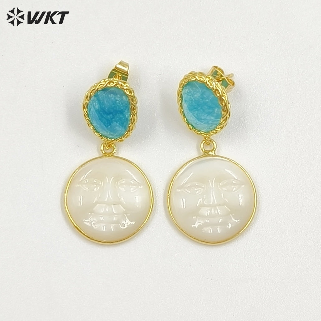WT-MPE192 Unique Style Gold Plated Natural Jade And Shell Carved Face Shape Pendant Earrings For Female Special Party Gift