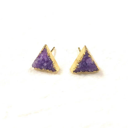 WT-E269 Wholesale Fashion Gold Plated Natural Druzy Quartz Studs Earrings Natural Women 10mm Triangle Stone Studs