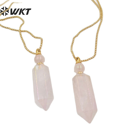 WT-N1369 Crystal Quartz Pink Crystal Hexagonal Prismatic Charming Pendant Necklace for Women Gifts Perfume Bottle Necklace