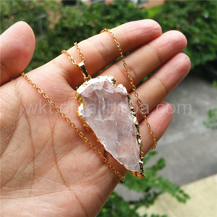 WT-N791Wholesale Big Size 2 Inch Long Hammer Raw Crystal Quartz Arrowhead Necklace with 24k Real Gold Plated