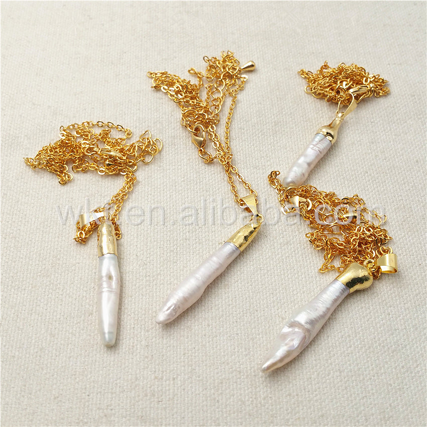 WT-N830 5*30mm New Wholesale Elegant Long Pearl Stick Pendant Necklace, Natural Pearl With Gold Plated Pendant Necklace