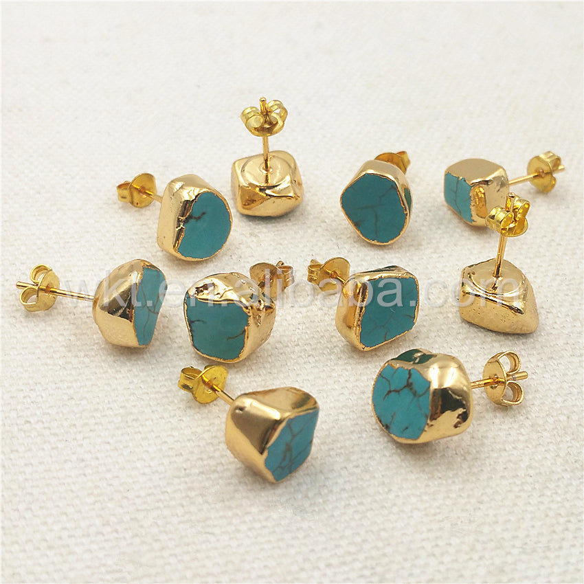 WT-E265 Hot Natural Boho Turquoise Studs,10mm Randomly Shape Green Turquoise Studs Earrings