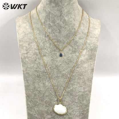 WT-JN174 New Design Fashion Gold Plated Double Layer Choker Necklace Natural White Shell Scallop Pendant Necklace Moon Necklace