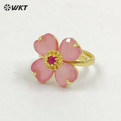WT-R602 Gorgeous Design Gold Plated Zircon And Colorful Natural Gemstone Flower Shape Rings Adjustable For Party Wearing Jewelry