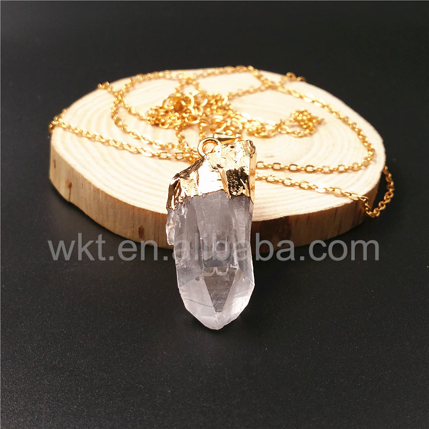 WT-N828 Beautiful Natural Crystal Quartz Point Necklace in Randomly,Fashion 24k Real Gold Dipped Crystal Quartz Point Necklace