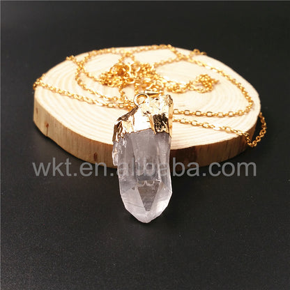 WT-N828 Beautiful Natural Crystal Quartz Point Necklace in Randomly,Fashion 24k Real Gold Dipped Crystal Quartz Point Necklace
