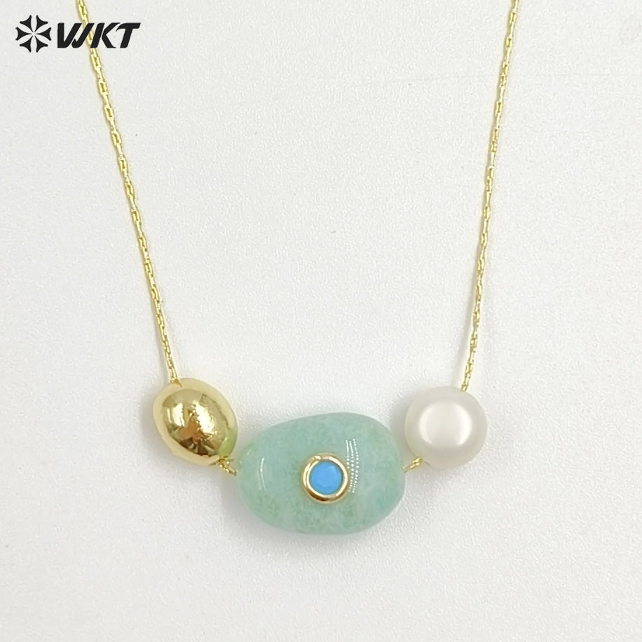 WT-N1541 Elegant Trendy Style Gold Electroplated Tiny Chain With Natural Gemstone And Pearl Pendant Necklace For Daily Wearing