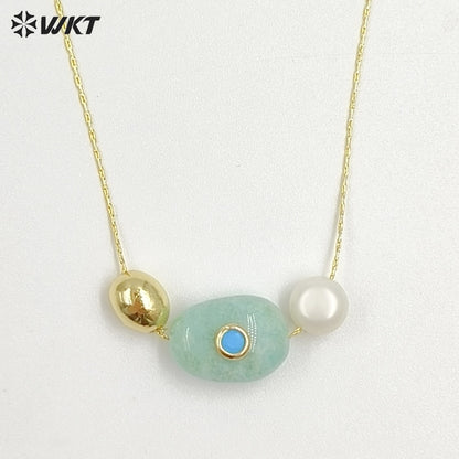 WT-N1541 Elegant Trendy Style Gold Electroplated Tiny Chain With Natural Gemstone And Pearl Pendant Necklace For Daily Wearing