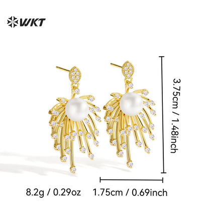 ME119 Exquisite Design 18K Gold Electroplated With Freshwater Pearl And Zircon Fireworks Shape Ladies Earrings Jewelry Gift
