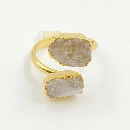 WT-R506 WKT Exclusive Design Double Natural Raw Gemstone Ring Women 18k Gold Plated Quartz Stone Birthday Gift