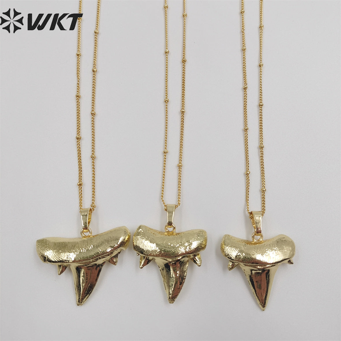 WT-N486 Wholesale Full Gold Electroplated Lovely Shark Teeth Necklace, Fashion Tiny Ball Bead Chain Shark Tooth Necklace