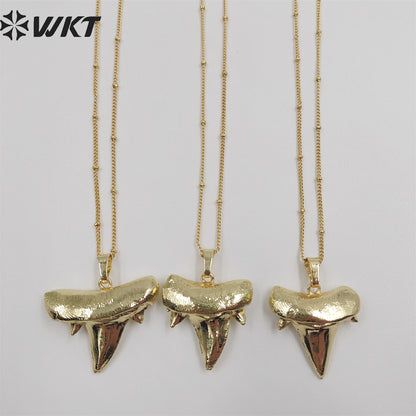 WT-N486 Wholesale Full Gold Electroplated Lovely Shark Teeth Necklace, Fashion Tiny Ball Bead Chain Shark Tooth Necklace