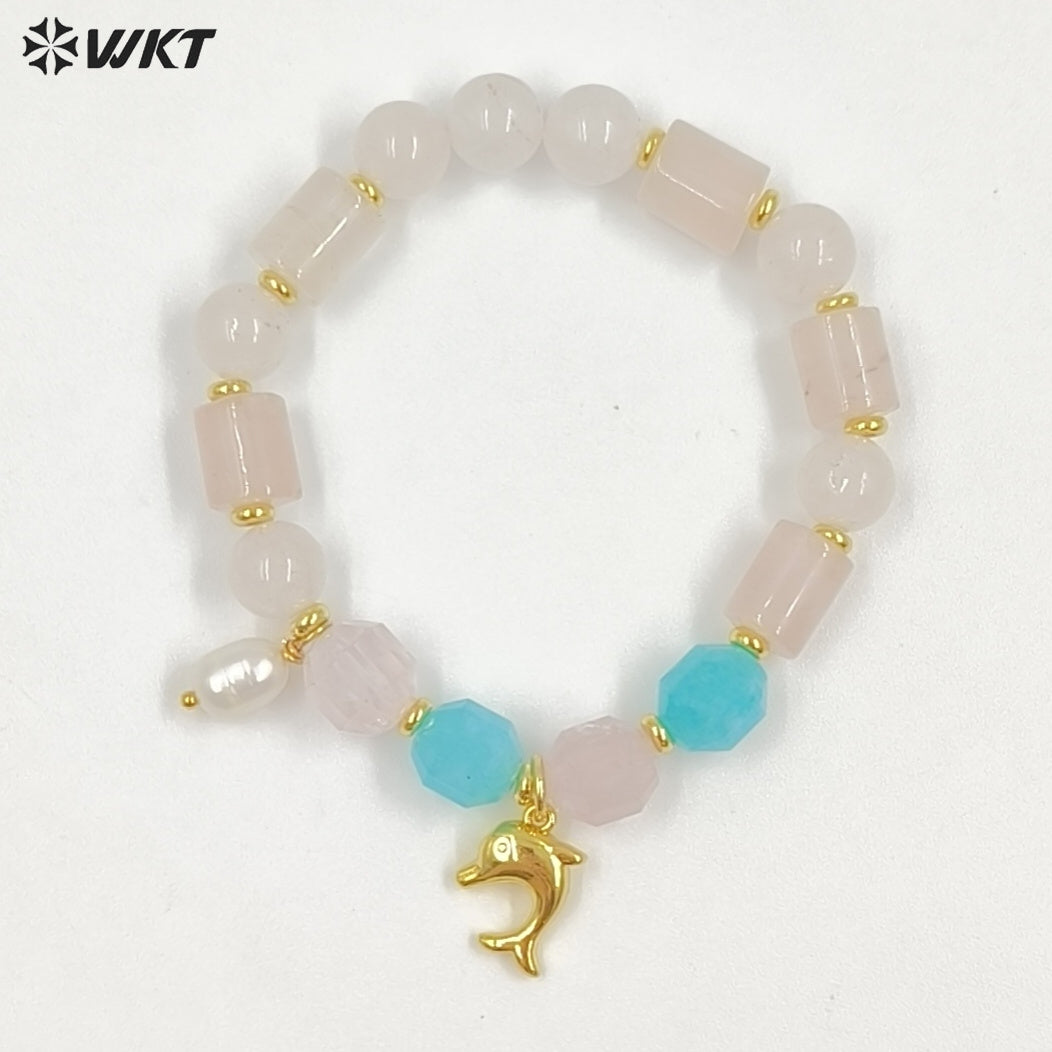 WT-B712 Beautiful Natural Gemstones Beads With Little Pearl And Shell Star Charms Gold Bracelets As Fashion Jewelry Accessory