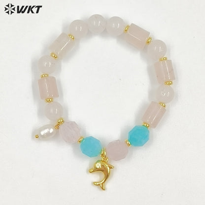 WT-B712 Beautiful Natural Gemstones Beads With Little Pearl And Shell Star Charms Gold Bracelets As Fashion Jewelry Accessory
