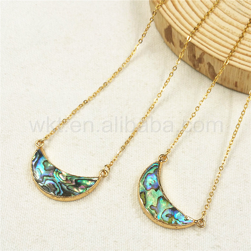 WT-N770 Newest Natural Gold Plated Abalone Crescent Moon Necklace, Hot Fashion Double Loops Abalone Crescent Moon Necklace