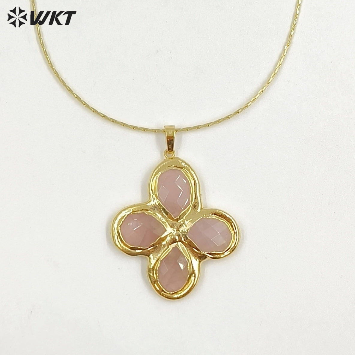 WT-N1542 Popular Fashion Gold Plated Thin Chain With Natural Gemstone Four Leaf Clover Pendant Necklace For Lady Birthday Gift
