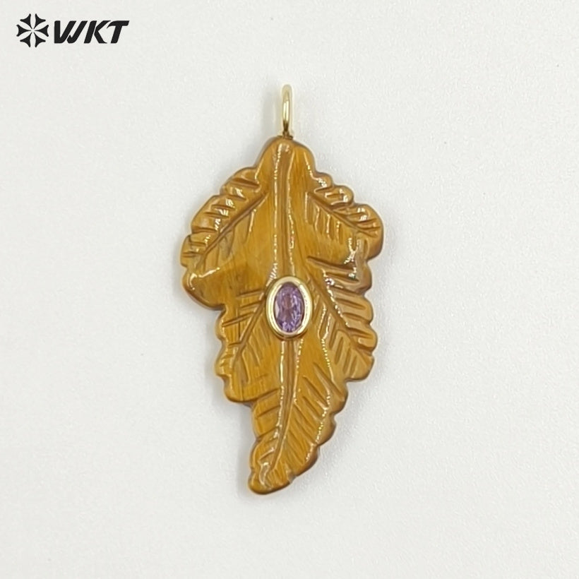 WT-P2094 High Quality Zircon Setting In Natural Gemstones Hand Carved Leaf Shape Pendants For Trendy Necklace Decorations