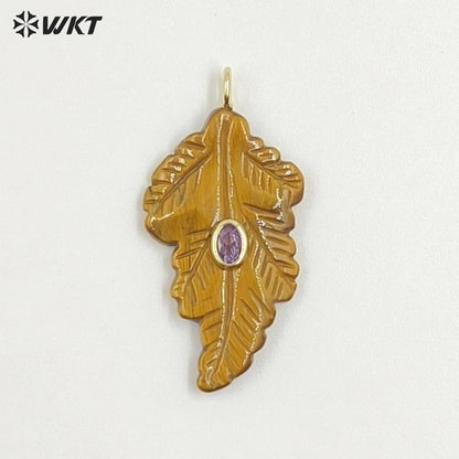 WT-P2094 High Quality Zircon Setting In Natural Gemstones Hand Carved Leaf Shape Pendants For Trendy Necklace Decorations