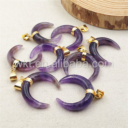 WT-P987 Wholesale Beautiful Amethyst Stone Pendant Fashion Crescent Moon Shape With Gold Plated Moon Stone Pendant