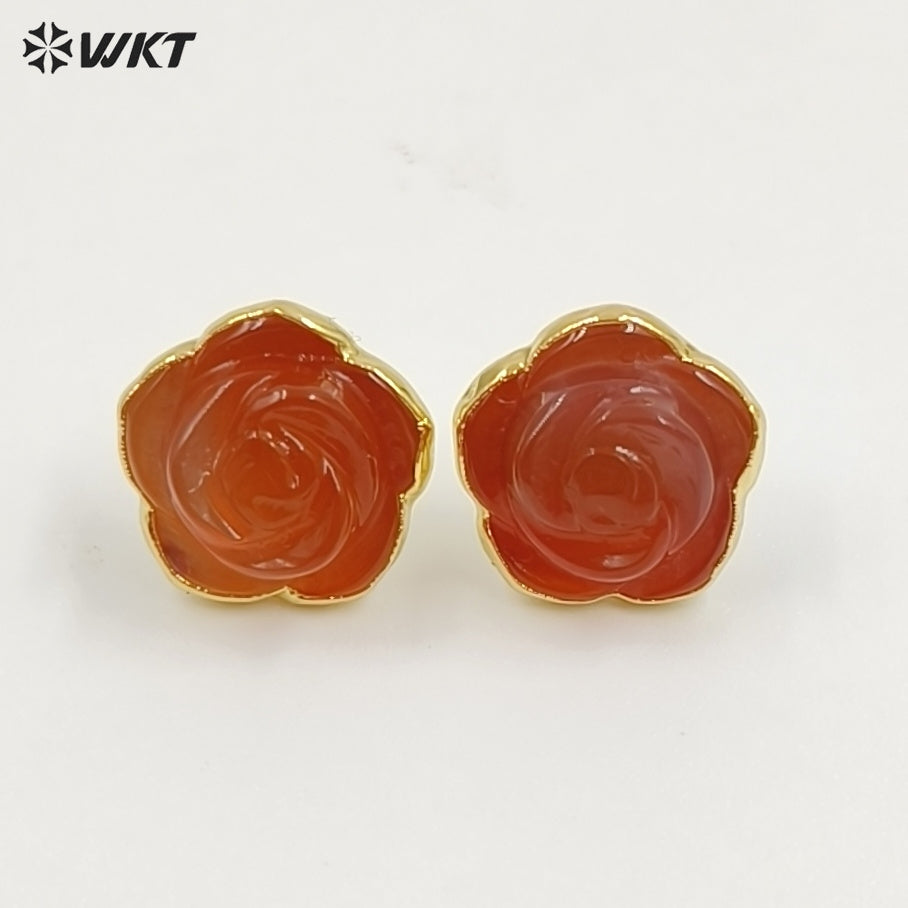 WT-E813 Exquisite Gold Plated Natural Gemstone Hand Carved Rose Flower Shape Little Earrings Studs For Lady Daily Jewelry