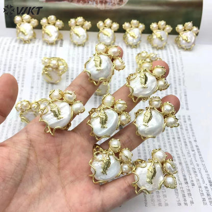 WT-MPR096 New Design 18K Real Gold Plated Resist Tarnishable Natural Freshwater Pearl Claw Setting With Fish Women Ring