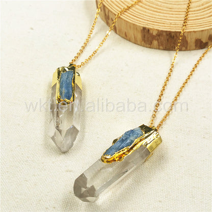 WT-N766 Newest Fashion Natural Clear Crystal Quartz Point With Blue Kyanite Charm Pendant Necklace