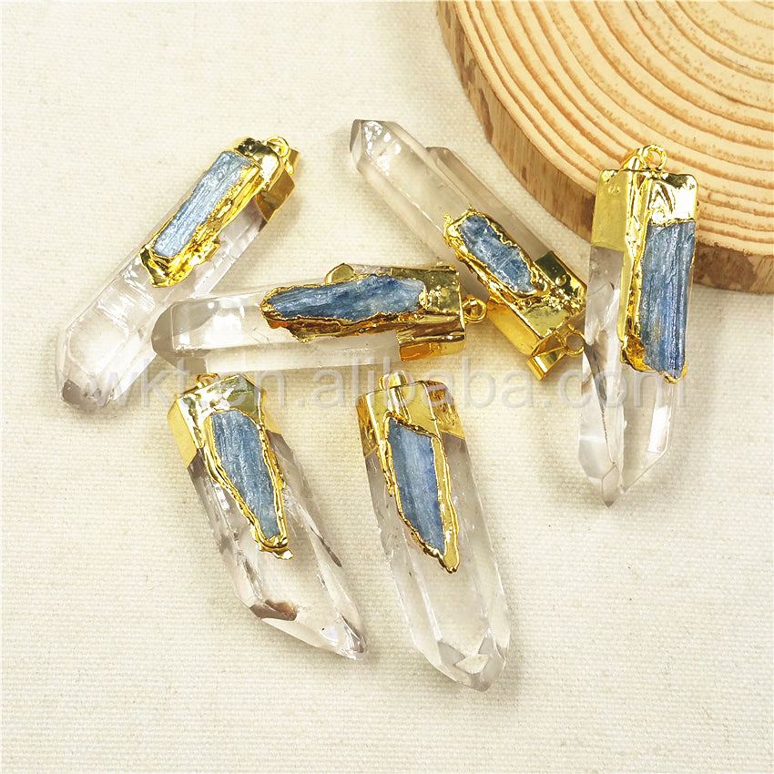 WT-P880 Newest Raw Crystal Quartz Point Pendant with Blue Kyanite Charm, Fashion Gold Plated clear Crystal Quartz Pendant