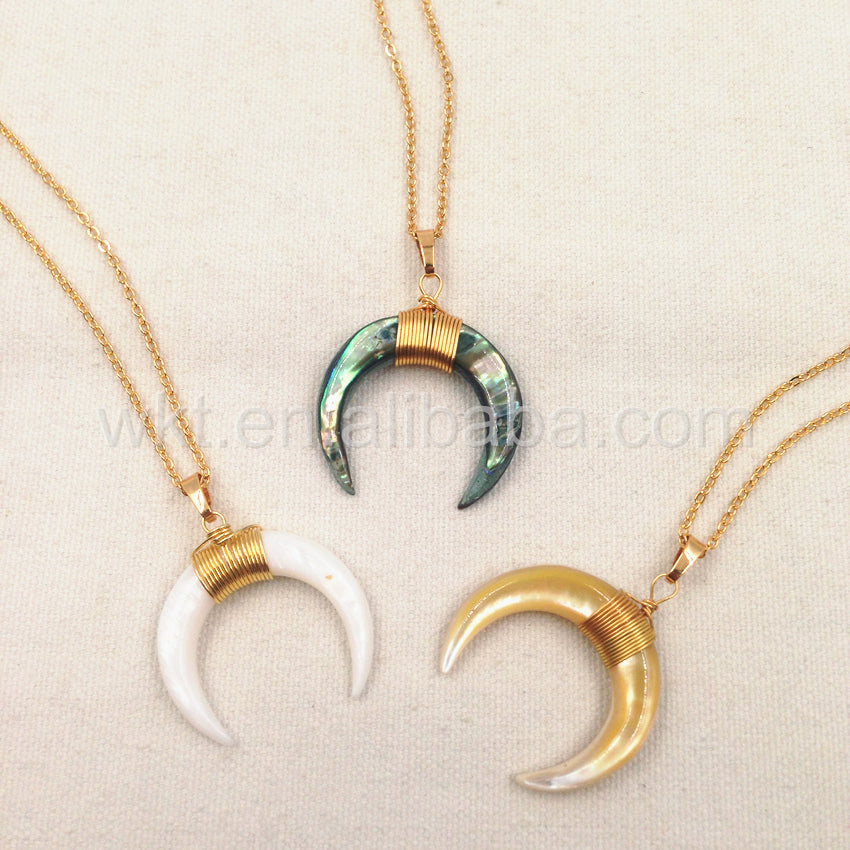 WT-N749 Big Amazing Natural Crescent Shell Necklace Handmade Wire Wrapped Gold Half Moon Crescent Shell Necklace
