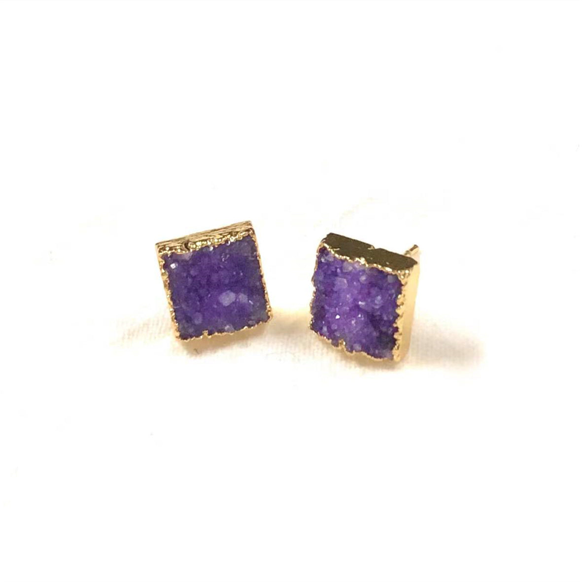 WT-E274 Wholesale Fashion Gold Plated Colorful Druzy Quartz Studs Earrings Natural Women 10mm square Stone Studs